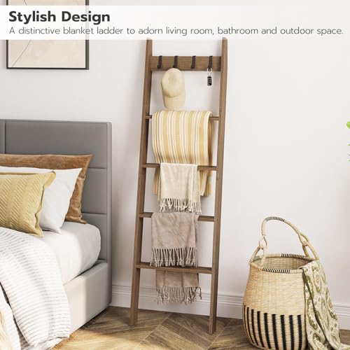 HOOBRO Blanket Ladder for Living Room and Bedroom, 5-Tier Wall Leaning Towel Rack for Bathroom, Decorative Ladder Shelf with 4 Removable Hooks, Farmhouse Blanket Storage, Mocha MA51CJ01G1