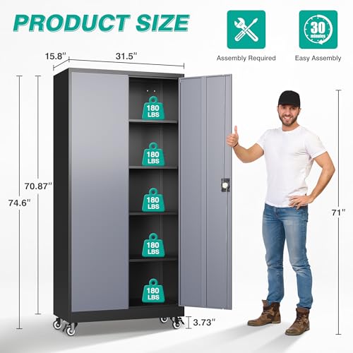 SISESOL 75" Tall Metal Storage Cabinet with Wheels,Rolling Garage Storage Cabinet with Lock,Gray Metal Cabinets with Wheels and Shelves,Tall Tool Cabinets on Wheel for Garage,Home,Office,Shop