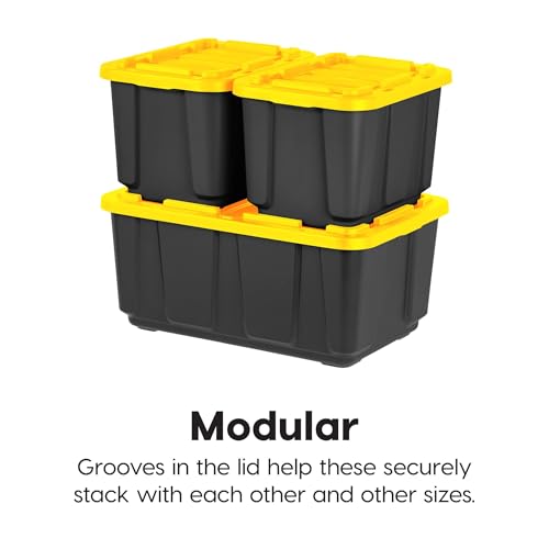 IRIS USA 4-Pack 12 Gallon Storage Bins with Lids |Made in USA| Heavy Duty Plastic Tote Containers for Truckbed Tool Box Organization, Large - Black/Yellow