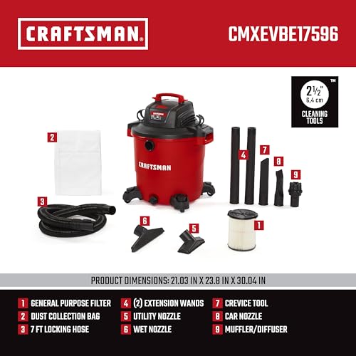 CRAFTSMAN CMXEVBE17596 20 Gallon 6.5 Peak HP Wet Dry Vac, Heavy-Duty Shop Vacuum Wet and Dry with Filter, Dust Bag, Hose and Attachments for Shop, Garage, Jobsite Cleaning