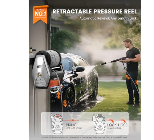 Giraffe Tools Grandfalls Retractable Wall Mounted Pressure Washer Pro, 3700 PSI, 1.6 GPM Electric Power Washer, Automatic Rewind, 100ft Pressure Hoses, 5 Nozzles for Cars/Fences/Patios, Light Silver