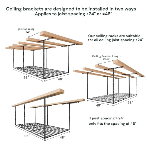 SunsGrove 4x8 Overhead Garage Storage Rack Organization, Adjustable Ceiling Mounted Storage Racks, 800LBS Weight Capacity, 22"-40" Ceiling Dropdown, Hammertone Black