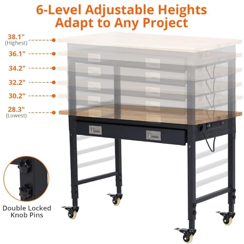 48" Adjustable Heavy Duty Workbench, 2000LB Capacity Solid Hardwood Top Work Bench with Wheels and Power Outlets, Mobile Rolling Garage Workstation for Workshop, Home Office & DIY