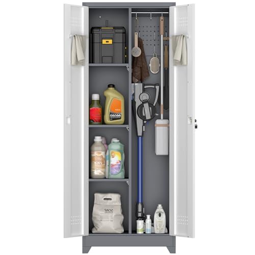 IRONFFICE Metal Garage Storage Cabinets,Broom Closet Storage Cabinet with Doors and Shelves,Tall Utility Closet Cabinet with Pegboard,Laundry Cabinet for Garage,Warehouse,Home,Basement,Grey-White