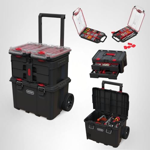 Stack N’ Roll 4-Piece Rolling Tool Storage System – Includes Large Rolling Tool Box, 2-Drawer Tool Box & 2 Tray Organizers | Modular Stackable Tool Storage with Wheels for Garage & Workshop