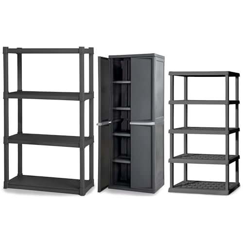Sterilite 4 & 5 Shelf Plastic Storage Units Bundled with Easy to Assemble Storage Cabinet for Garage, Pantry & Kitchen Organization, 4 Shelves, Gray