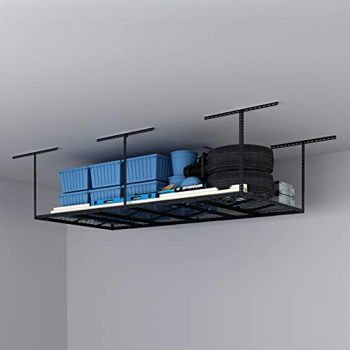 FLEXIMOUNTS Pro 4x8 Overhead Garage Storage Rack,Adjustable Storage Organization System, Heavy Duty Metal Ceiling Storage Racks, 800lbs Weight Capacity, Black, Pro Series