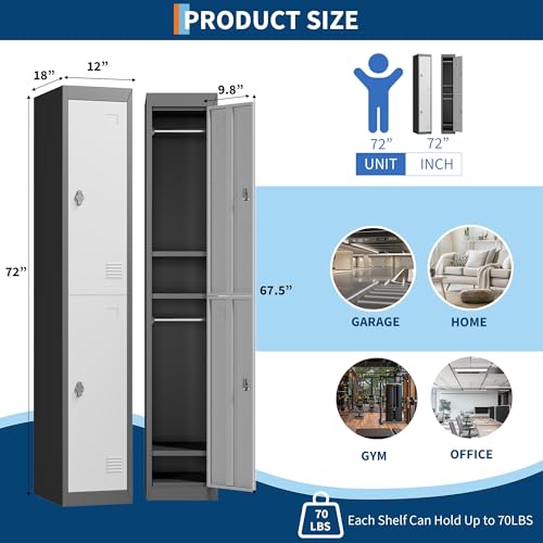 IDEALHOUSE Metal Locker, Metal Storage Cabinet with Shelves and 2 Doors, Perfect for Employees and Students, Fits Schools, Garages, Offices, Gyms, and Homes, Easy Assembly, Grey and Black