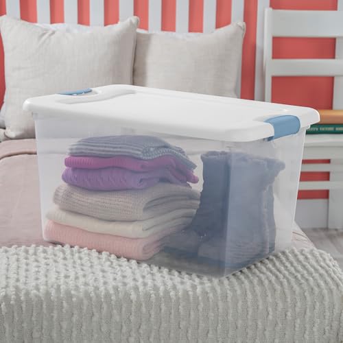 Sterilite 4-Pack 64 Quart Latching Box, Clear Plastic Storage Organizer Bins with White Lids - Large Stackable Containers for Home Bedroom, Dorm Room, and Closet Organization