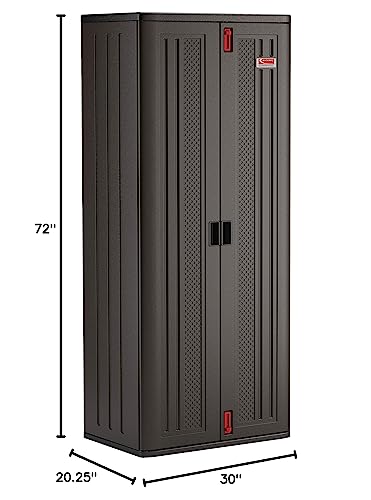Suncast 19 Cubic Ft. Heavy-Duty Resin Cabinet with Lockable Handles, Multi-Wall Construction, and Metal-Reinforced Shelves for Basement, Utility Room and Garage Storage, Black, Made in the USA