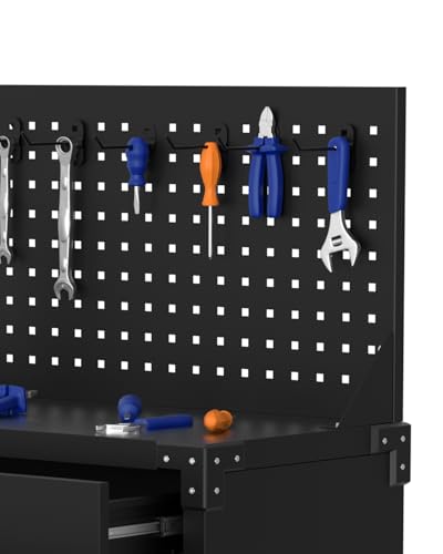 GarveeHome Rolling Tool Cabinet, Heavy Duty Steel Garage Storage Cabinet with 2 Drawers, Pegboard & 4 Wheels, Lockable Tool Cart Workbench for Workshop, Warehouse