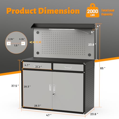 Rumetol 65" Heavy Duty Garage Workbench with Storage Drawers & Pegboard,2000lbs Capacity Metal Work Bench with Lockable Magnetic Cabinets,Adjustable LED Light for Workshop/Garage