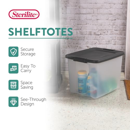 Sterilite 12-Pack 50 Quart ShelfTotes, Clear Plastic Storage Organizer Bins, Flat Gray Lid - Large Stackable Containers for Garage Shelves, Basement Room, Attic, and Home Organization