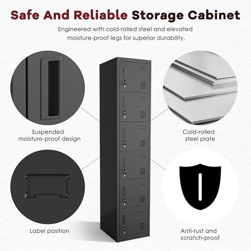 Bonusall Employees Lockers,Metal Office Storage Locker with 6 Door, Tall Steel Lockers with Keys and Lock for School, Gym, Home, Garage,Black