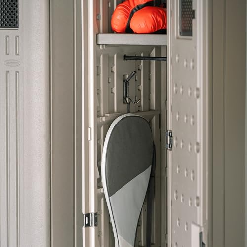 Suncast Tall Storage Locker for Garage Organization - 72" Lockable Organizer with Shelving for Garden Supplies, Paint Cans & Outdoor Tools, Multi-Wall Resin Construction, Platinum