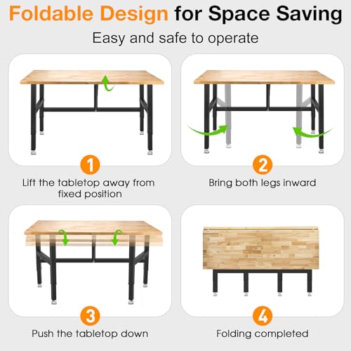 MUWOOD 48”Folding Workbench, 2000 LBS Capacity Heavy Duty Workbench, Height Adjustable Foldable Work Table, Rubberwood Collapsible Desk for Workshop, Garage, Office, Home