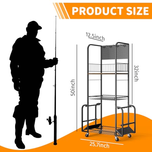 Geznhs Fishing Rod Holders for Garage - Rolling Fishing Pole Rack Organizer with Pegboard & Lockable Wheels, 3 Tier Fishing Gear Storage Holds 10 Rod & Reel Combos, Tackle Box Organizer for Anglers