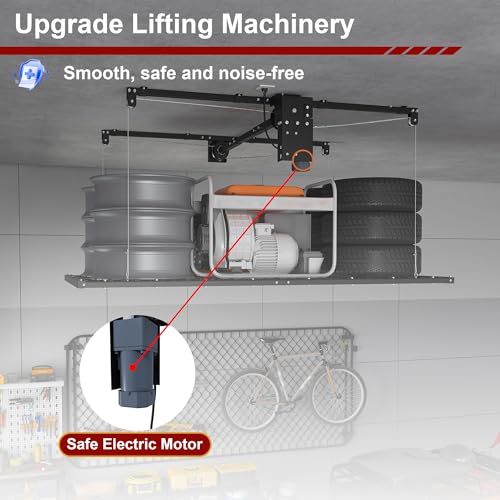 Star20XX Motorized Overhead Garage Storage Rack, Garage Ceiling Storage Rack, 4x8 Ft, 450 Lb Capacity, Remote Control, All Steel Ceiling Shelf for 10 to 12 Ft High Ceilings