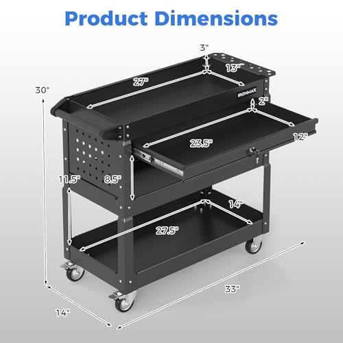 Goplus 3 Tier Rolling Tool Cart with Lockable Drawer, Heavy Duty Metal Utility Cart on Wheels with Pegboards & Hooks, Mechanic Tool Storage Organizer for Garage, Warehouse & Workshop (Black)