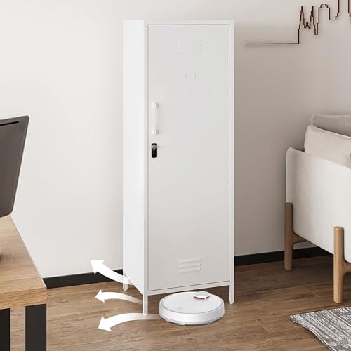 Steehoom Metal Locker Cabinet with Lock, Lockable Steel File Locker with Door and 3 Adjustable Narrow Storage Cabinet Shelves for Living Room, School, Pantry, Garage, Office (White, H59.06'')