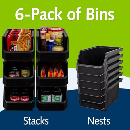 ReadySpace Large Plastic Storage Bins, Stackable Organizer Containers for Closet Pantry Shelf Garage and Office Organization, Black, 6 Pack