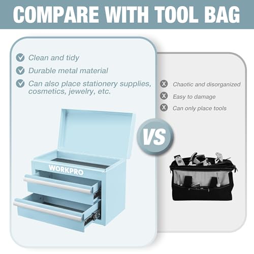 WORKPRO Metal Mini Tool Box, Top Tool Chest containing Two Drawers with Ball Bearing Slides, PVC Drawer Liners and PP Feet Pads, Durable Cold Rolled Steel Small Toolbox for Multi-Purpose Storage