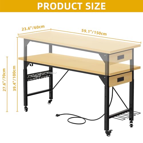 DWVO 60" Adjustable Workbench on Wheels, Garage Tool Work Bench with Outlets & Wheels, Heavy-Duty 1600 LBS Load Capacity Work Table for Workshop, Office, Home, or Outdoor Use