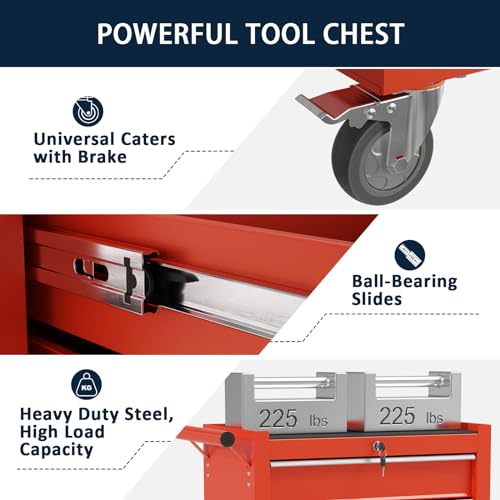 OAKANDO 5-Drawer Metal Rolling Tool Chest with Wheels,Tool Storage Cabinet with Locking System，Toolbox with Wheels for Garage, Warehouse, Workshop, Repair Shop (Red, 5-Drawer)