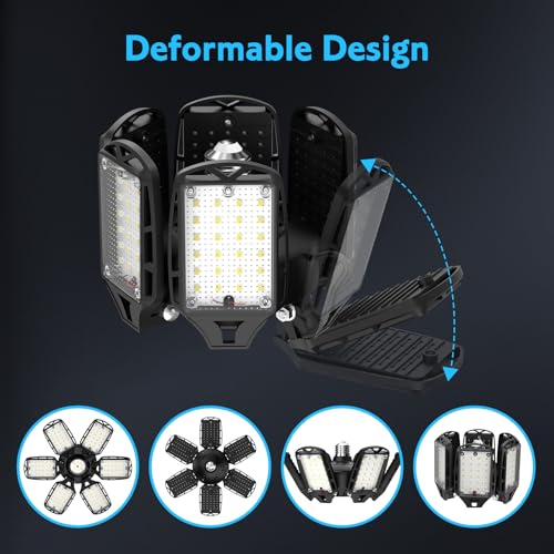 SYDHTF LED Garage Lights 2 Pack, 18000LM 180W Deformable Shop Light with 6+1 Adjustable Panels, 6500K Daylight White Ceiling Light for E26 Base, Ideal for Garage/Basement/Barn