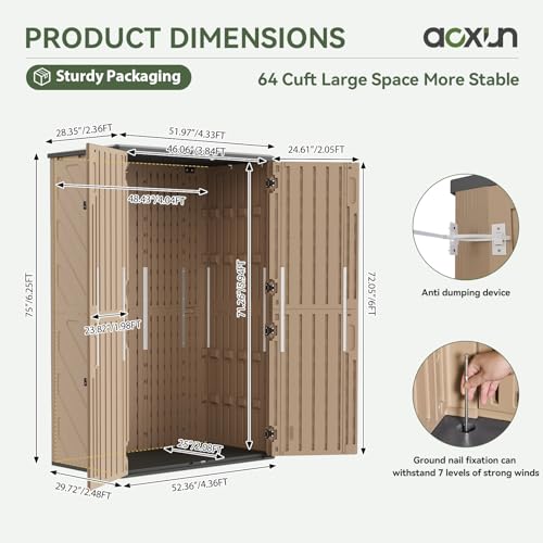 Aoxun 64 Cu.Ft Resin Outdoor Storage Shed with Floor, Large Outdoor Storage Cabinet, Vertical Storage Sheds with Floor, Waterproof Storage Cabinet for Garage Shed, Garden Tools, Pool Equipment, Brown