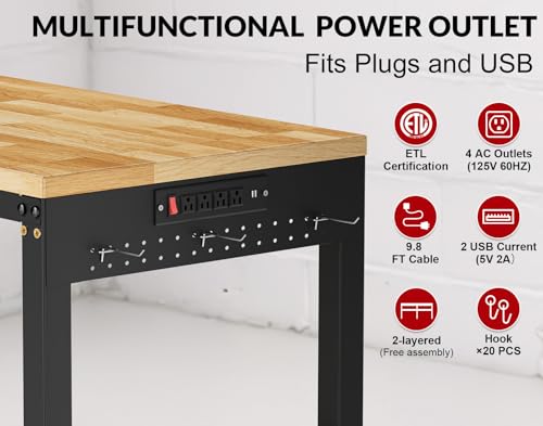 MUWOOD 72”Heavy Duty Work Bench, 2-Layer Adjustable Workbench, 5000 LBS Capacity Work Bench with Power Outlet & Pegboard, Rubber Wood Work Table for Garage, Workshop, Office, Home