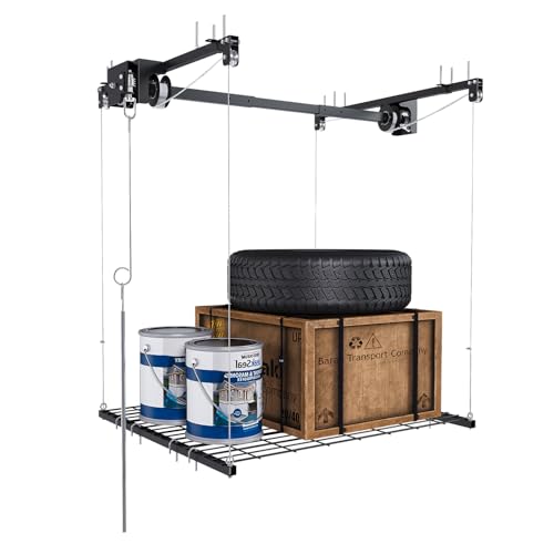 S.Walt Hanging Garage Ceiling Storage Racks, Adjustable Overhead Garage Storage Lift, Mounted 44 ft Heavy-Duty Steel Platform for High Ceilings 1012 ft, Supports 250 lbs for Everyday Use