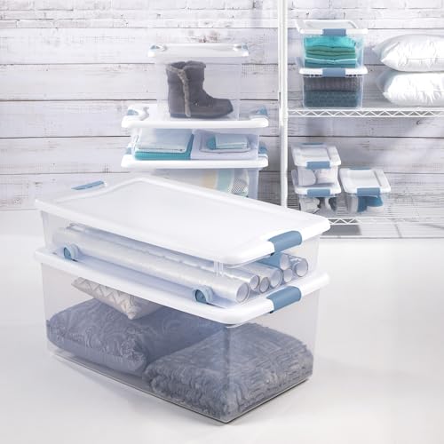 Sterilite 12-Pack 64 Qt Latching Box & 4-Pack Deep Clip Box, Clear Organizer Bins w/Lids – Stackable Plastic Tote Containers for Home, Closet, Office, Bathroom, and Bedroom Storage Organization