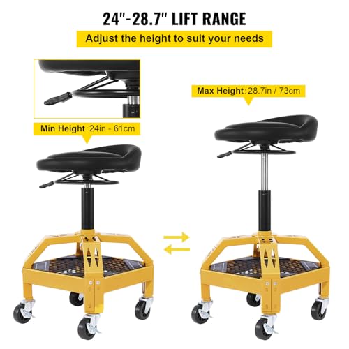 VEVOR Rolling Garage Stool, 300LBS Capacity, Adjustable Height from 24 in to 28.7 in, Mechanic Seat with 360-degree Swivel Wheels and Tool Tray, for Workshop, Auto Repair Shop, Yellow