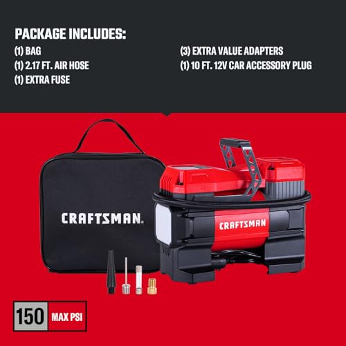 CRAFTSMAN 12V Tire Inflator Portable Air Compressor, Up to 150 PSI with Digital Gauge & Auto Shut-Off, LED Light, 12V DC Car Plug Compact Air Pump for Car Tires, Bikes & Sports