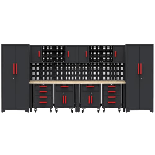Tsnritor Garage Storage Cabinet System, 12PCS Garage Cabinets and Storage System Kit Workshop Set with Steel Cabinet, Cabinet Drawers, Workbench, Red Handle