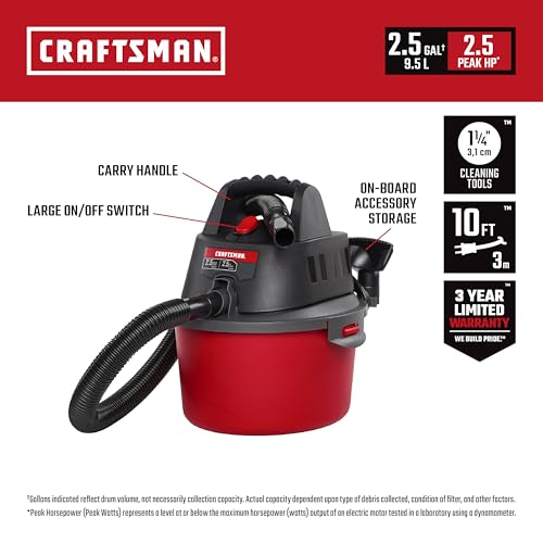 CRAFTSMAN CMXEVBE17250 2.5 Gallon 2.5 Peak HP Wet Dry Vac, Portable Shop Vacuum Wet and Dry with Filter Bag, Hose and Attachments for Cleaning in the Home