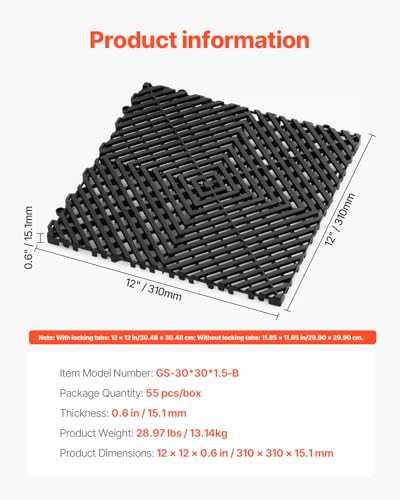 VEVOR Interlocking Drainage Mat, 12” x 12” Modular Interlocking Cushion, 55 Pcs Splicing Drainage Mats, Non-Slip PP Drainage Floor Tile and Shower Mat, for Garage, Garden, Kitchen & Outdoor, Black
