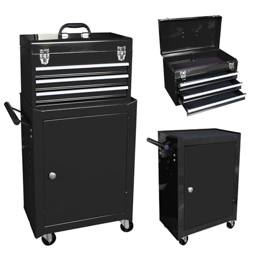 Torin ATBD134B-BLACK Rolling Garage Workshop Tool Organizer: Detachable 3 Drawer Tool Chest with Large Storage Cabinet and Adjustable Shelf, Black
