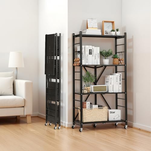 VEVOR 4-Tier Foldable Storage Shelf, 28W x 13D x 54H Inch Folding Metal Rack Shelving Unit, No Assembly Organizer Shelf with 5 Wheels & 4 Hooks for Pantry, Kitchen, Garage, Basement, Black