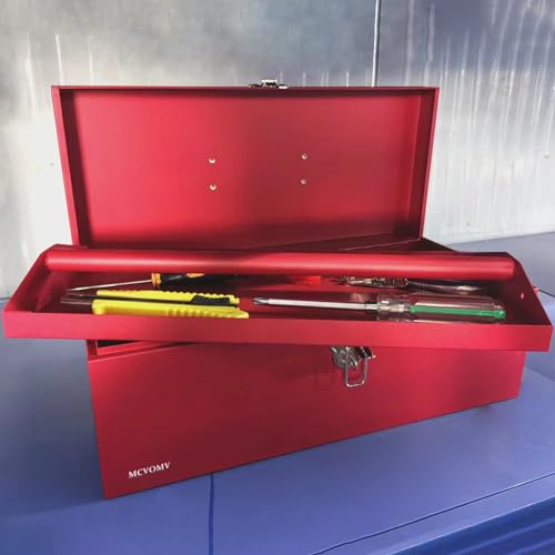 16" Portable Metal Toolbox Large Tool Box 18-Gauge Fishing Tackle Box Stee Tool Box Drawer Organizer With Metal Latch and Handle Red