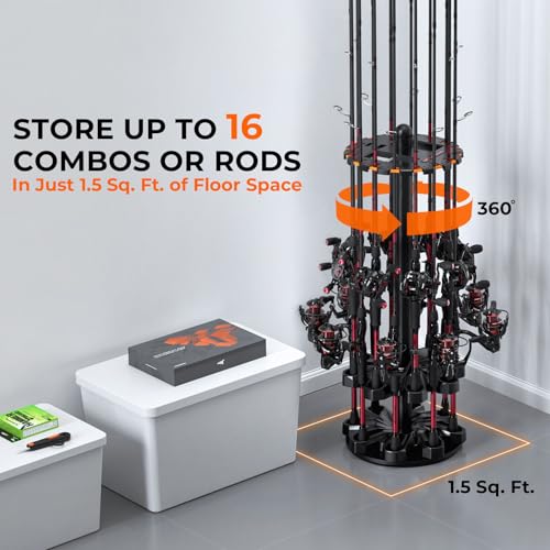 KastKing V16 Rotating Fishing Rod Holder for Garage, Floor Rack Holds Up to 16 Rods & Combos, Space-Saving Pole Organizer with Foam, Durable ABS, Fishing Gear Storage Gift for Men