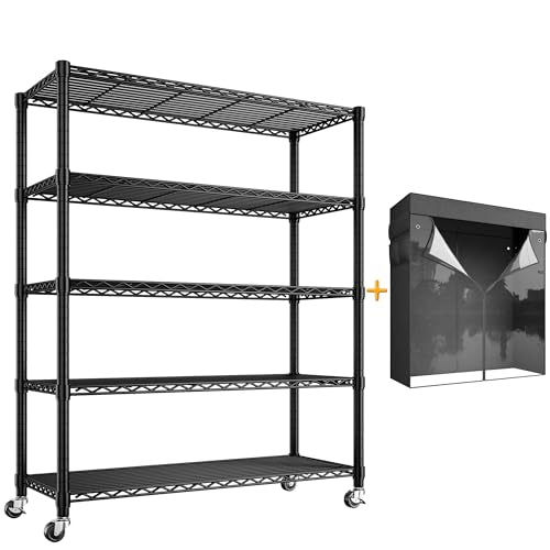 REIBII 72.8" H Storage Shelves with Cover & Wheels, Wire Shelving Heavy Duty Metal Shelving for Pantry Kitchen Garage, Storage Rack Shelf Shelving for Commercial Industrail, 35" W*16" D*72.8" H