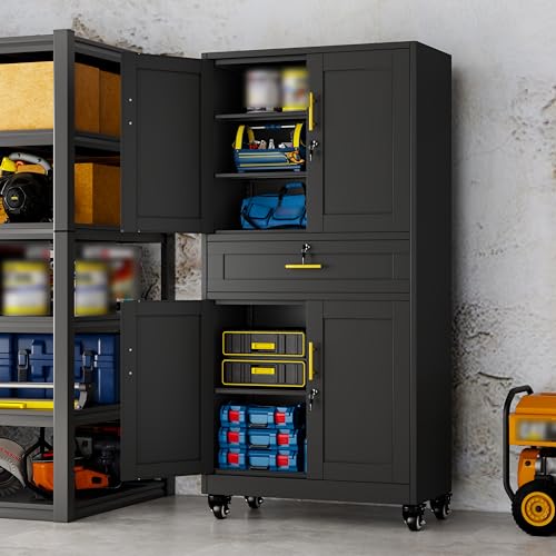 Ckzbx Metal Garage Storage Cabinet with Locking Drawers and Adjustable Shelves,71" H Steel File Cabinet with Wheels for Garage,Office (Black)