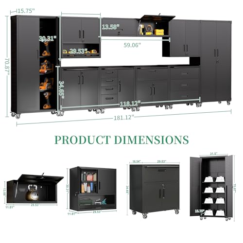VIYET 10-Piece Heavy Duty Steel Garage Cabinet System | All-in-One Modular Garage Cabinet Set for Ultimate Workshop Organization | Easy Assembly Garage Storage Cabinets & Tool Bench (Black)