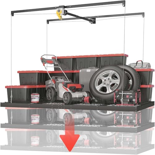 FERO Overhead Garage Storage Rack, 325 lb Capacity, 4x8 FT Garage Ceiling Storage Rack with Safety Lock (Black)