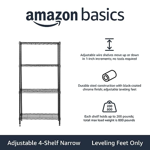 Amazon Basics 4-Shelf Steel Wire Storage Shelves for Garage, Adjustable Metal Shelving Unit, 200 lbs Per Shelf, 23.2" W x 48" H x 13.4" D, Black