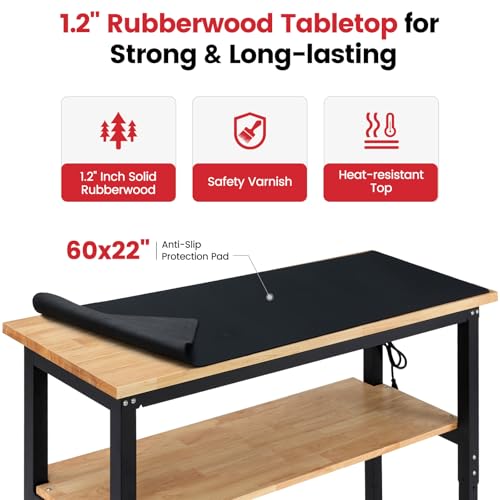 ENJOYWOOD 60" x 22" Adjustable Height Workbench with Under Table Shelf Heavy Duty Rubberwood Top Work Table for Garage, Workshop, Office & Home