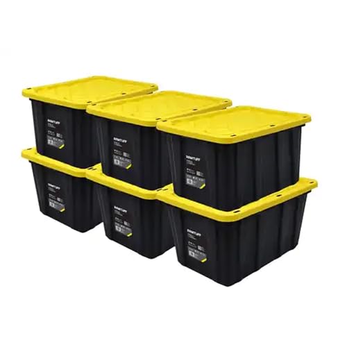 Ramtuff 6 Pack Heavy Duty Stackable Storage Container with Snap-Tight Lid, Resistant To Weather Organization Tote, 27 Gallon, Black and Yellow