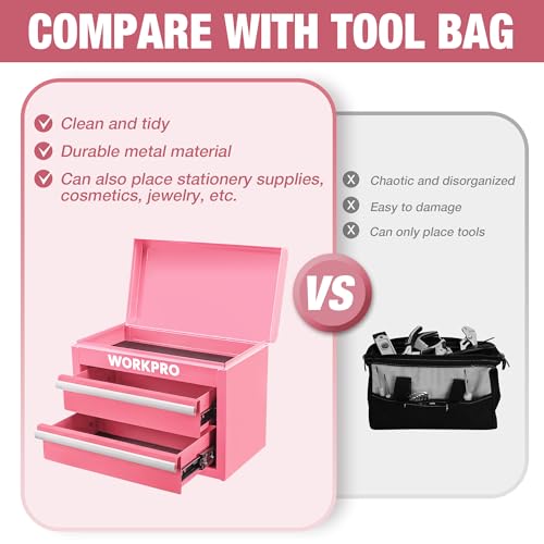 WORKPRO Metal Mini Tool Box, Top Tool Chest containing Two Drawers with Ball Bearing Slides, PVC Drawer Liners and PP Feet Pads, Cold Rolled Steel Small Toolbox for Multi-Purpose Storage - Pink Ribbon